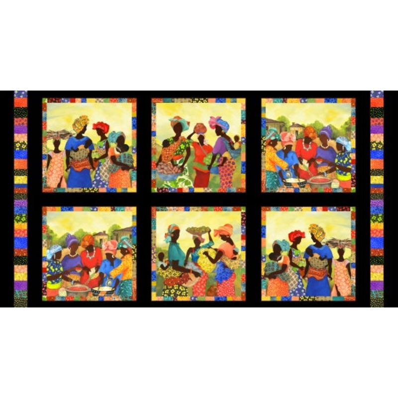 African Story Block Panel 24" Black Gwendolyn McShepard Elizabeth's Studio Cotton Fabric