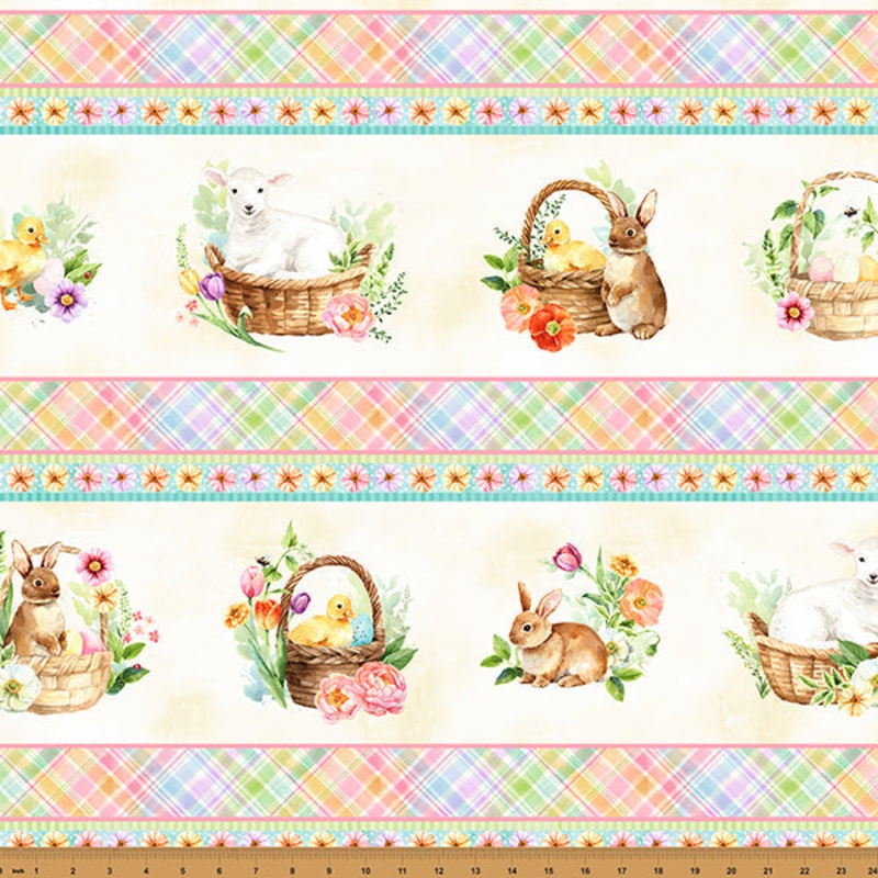 Easter Wonder Border Stripes Animals Basket Vanilla Cream Hoffman Fabric Cotton Fabric