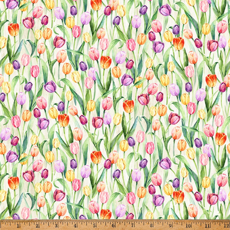 Easter Wonder Packed Tulips Vanilla Cream Hoffman Fabric Cotton Fabric