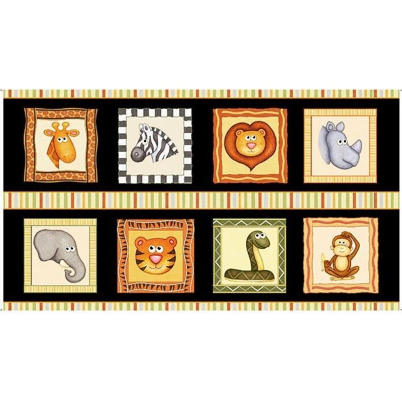 Jungle Buddies Animal Patch Panel 24" Black Dan Morris Quilting Treasures Cotton Fabric
