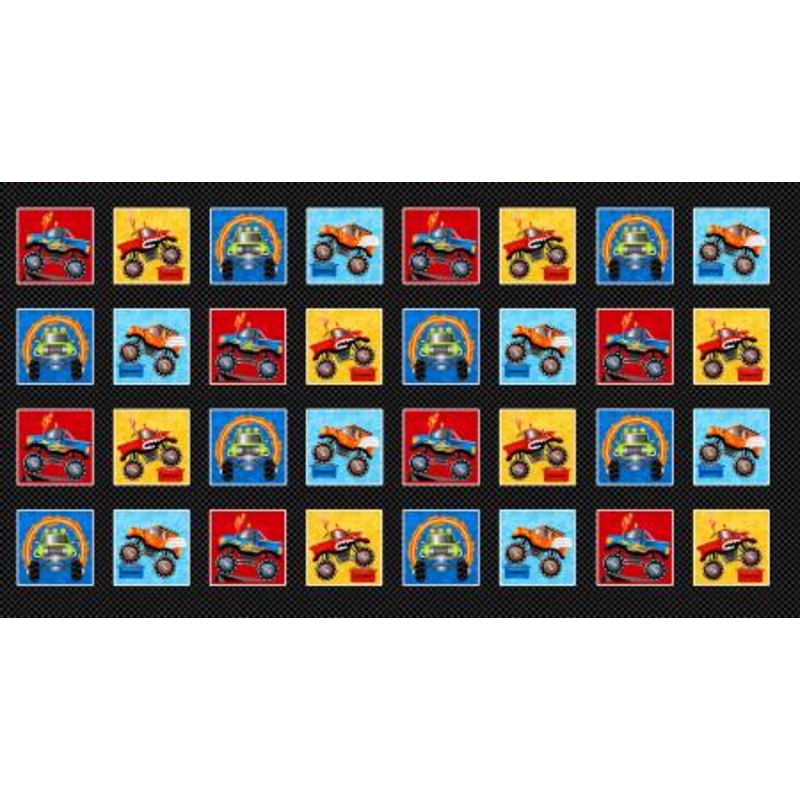 Monster Trucks Continuous Block Panel 24" Black Pattern Wheel Studio Henry Glass Cotton Fabric