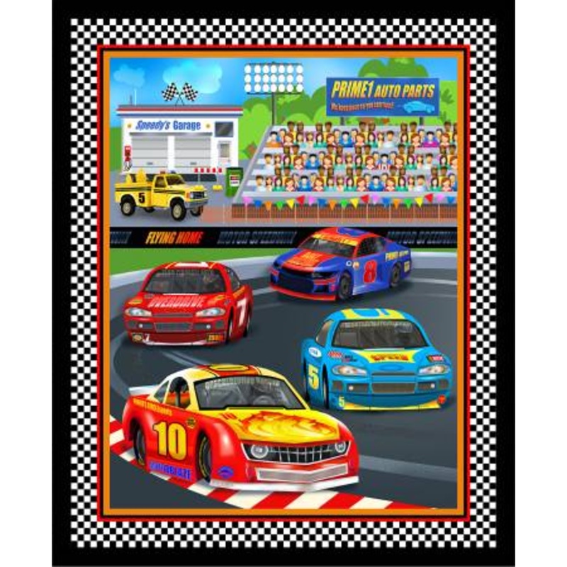 Start your Engines Race Track Banner Panel 30" Black Robert Giordano Henry Glass Cotton Fabric
