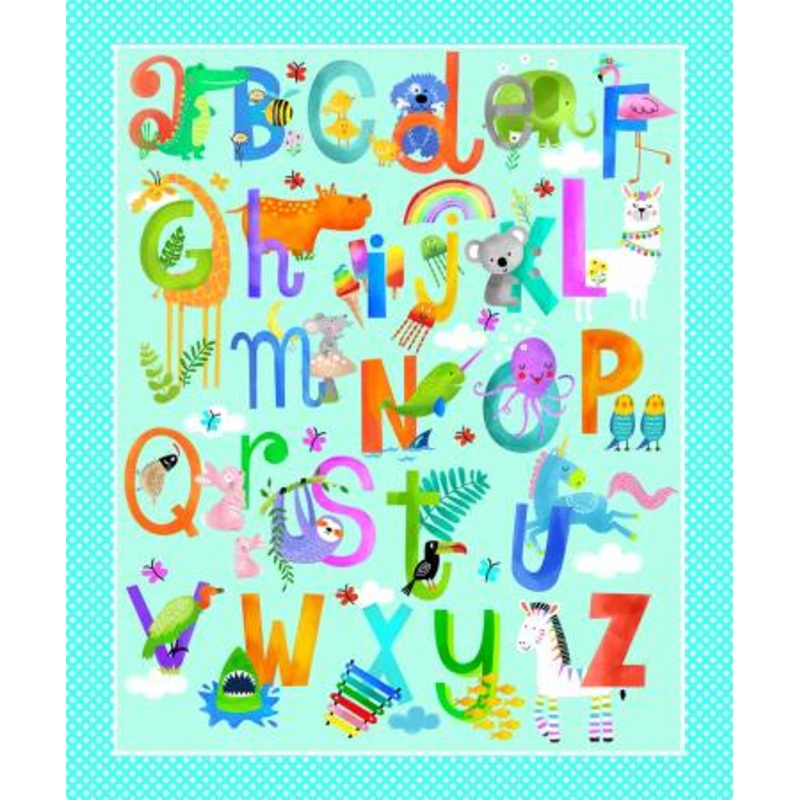 Wee Ones Alphabet Panel 35" Blue Oasis Cotton Fabric