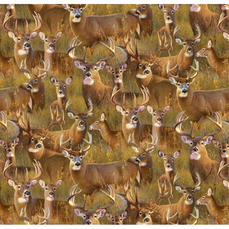 A Buck Stops Here Packed Deer Gold Hayden Lambson Elizabeth's Studio Cotton Fabric