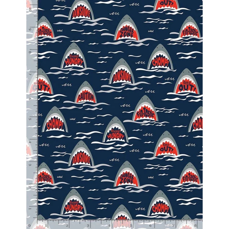 Walk the Plank! Scary Sharks Navy Blue Timeless Treasures Cotton Fabric