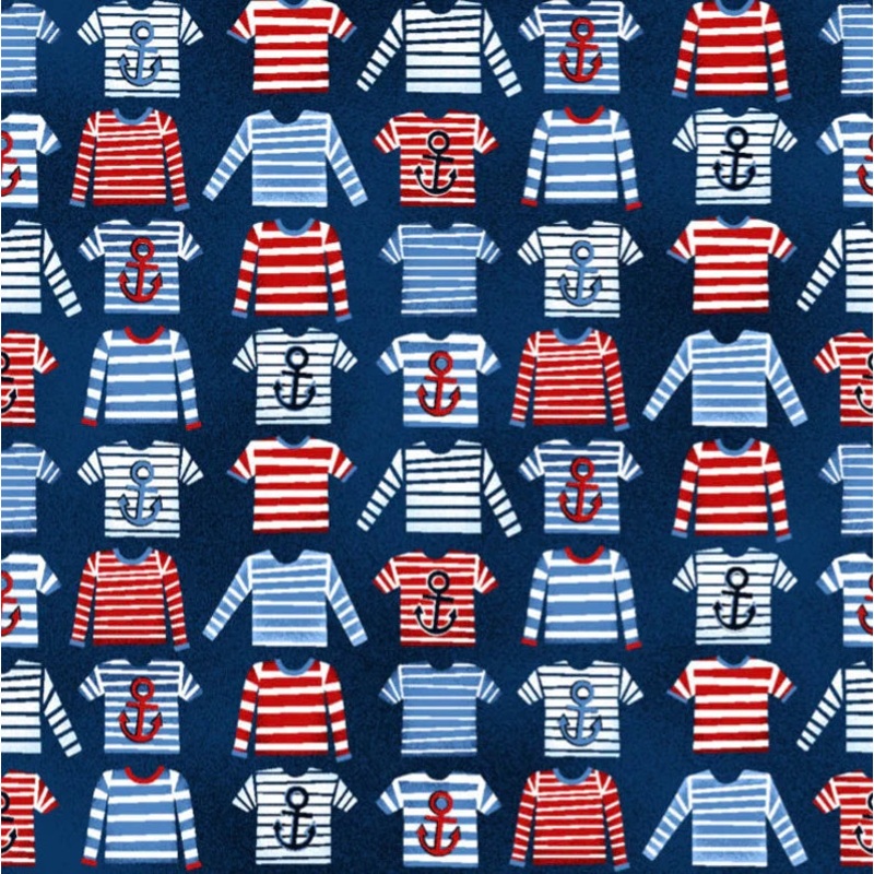 Whale of a Time Nautical Striped Shirts Navy Blue Sarah Prosser Studio E Cotton Fabric