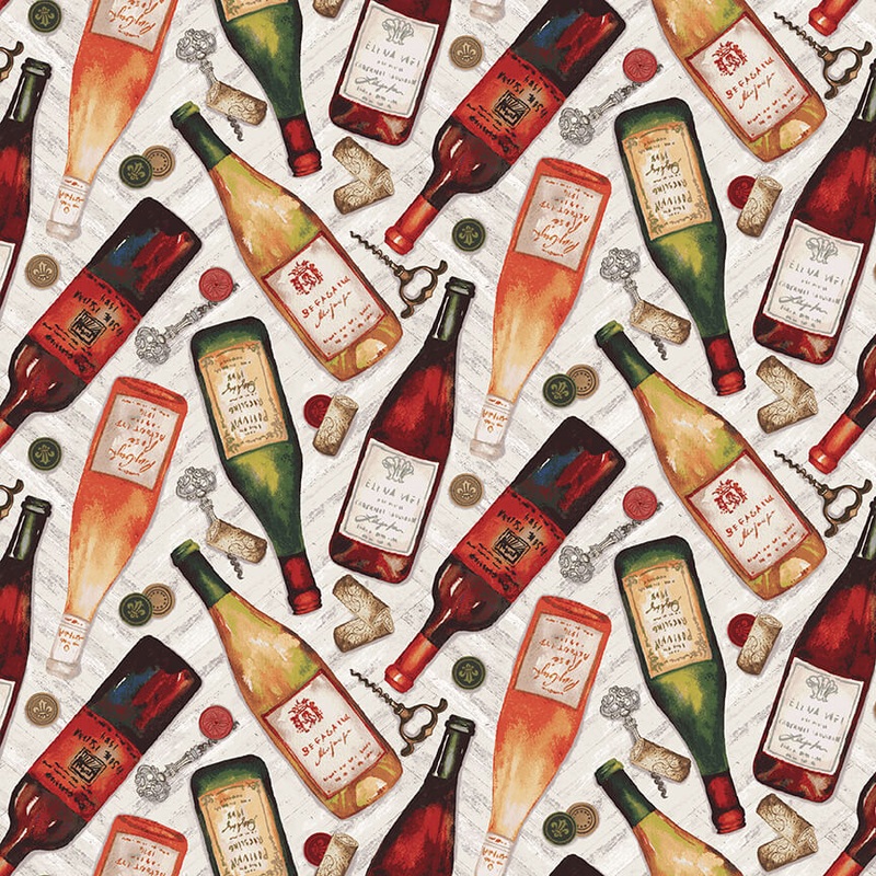After Five Tossed Wine Bottles Multi Mary Beth Baker Henry Glass Cotton Fabric
