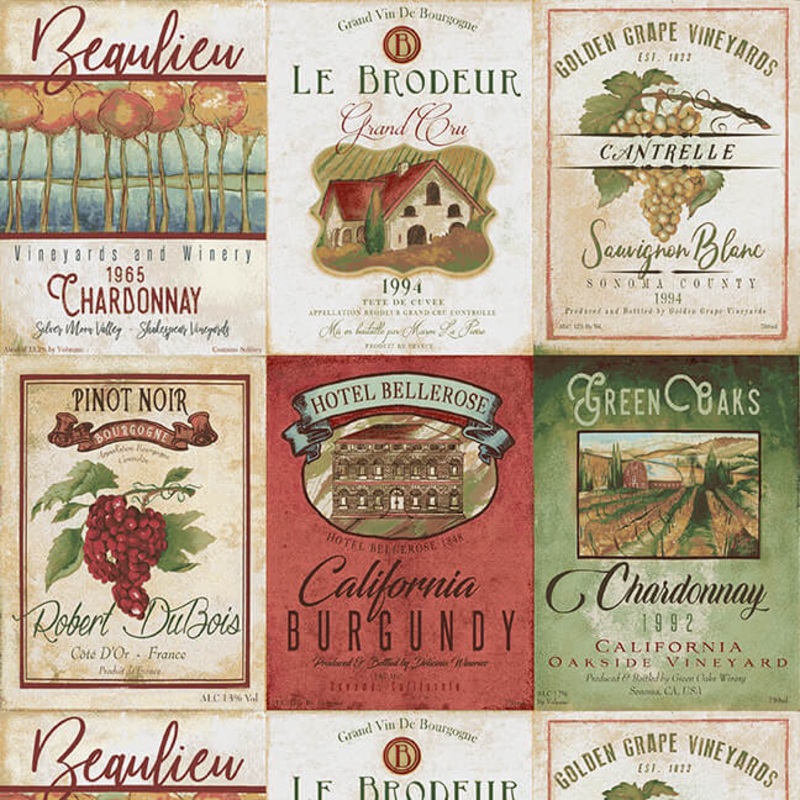 After Five Wine Labels Multi Mary Beth Baker Henry Glass Cotton Fabric