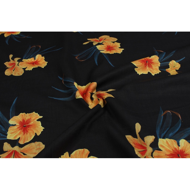 Dark Blue & Yellow Floral Printed Modal Viscose Blend Fabric