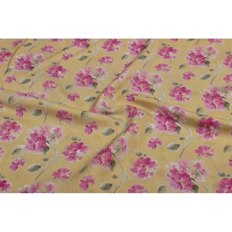 Dull Yellow & Pink Floral Printed Modal Viscose Blend Fabric