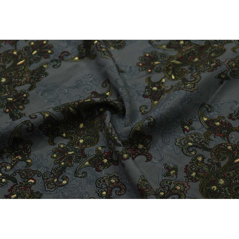 Gray Floral Printed Muslin Polyester Viscose Blend Fabric
