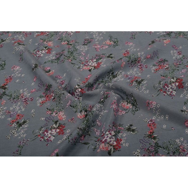 Gray Floral Printed Viscose Blend Fabric