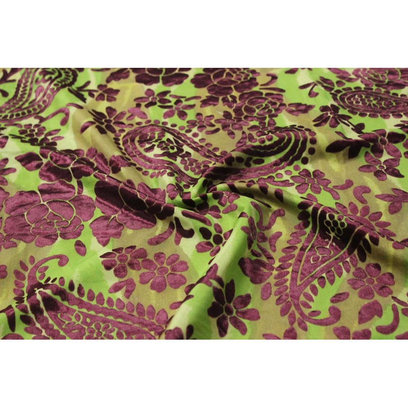 Green & Magenta Paisley Burnout Polyester Viscose Blend Fabric