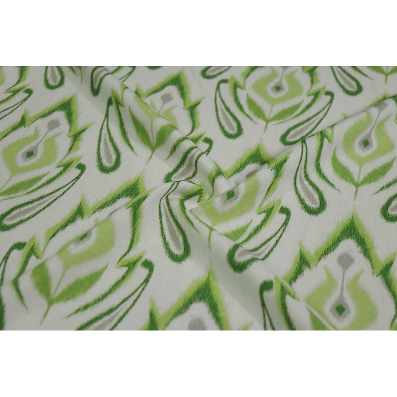Light Green & White Motifs Printed Modal Viscose Blend Fabric