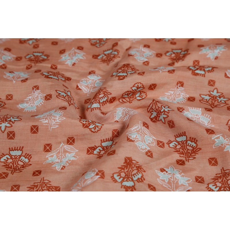 Peach Motifs Printed Muslin Viscose Blend Fabric