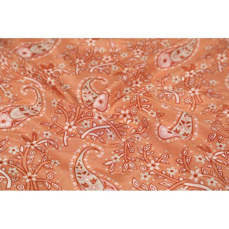 Peach Paisley Printed Muslin Viscose Blend Fabric