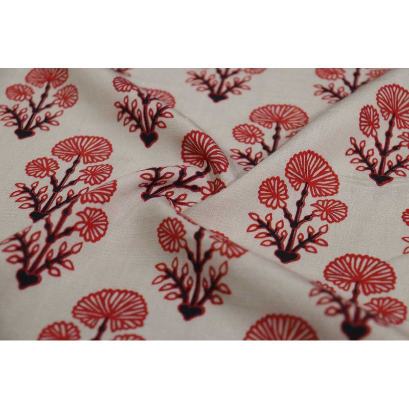 Red & White Floral Viscose Blend Fabric