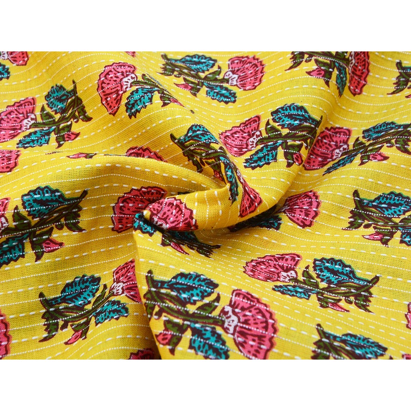 Yellow Floral Pure Cotton Kantha Fabric