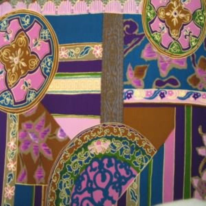 45" China Silk 100% Polyester Abstract Eggplant, Pink, Blue and Taupe