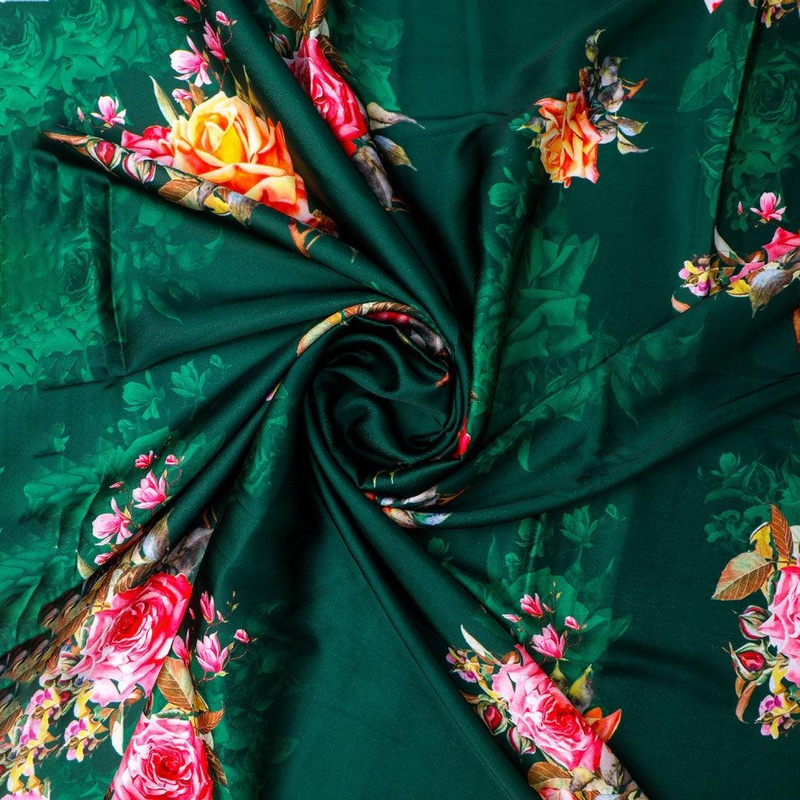 Beautiful Roses With Leaves Digital Printed Fabric - Japan Satin