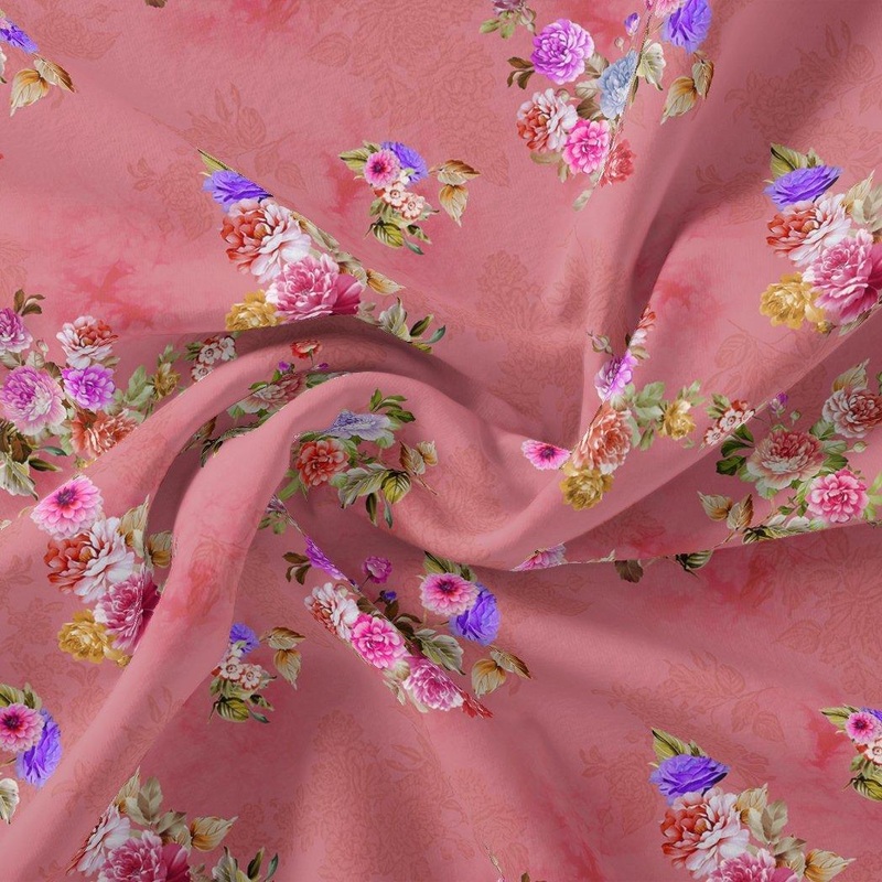 Dusky Pink With Zinnia Flower Digital Printed Fabric - Poly Muslin