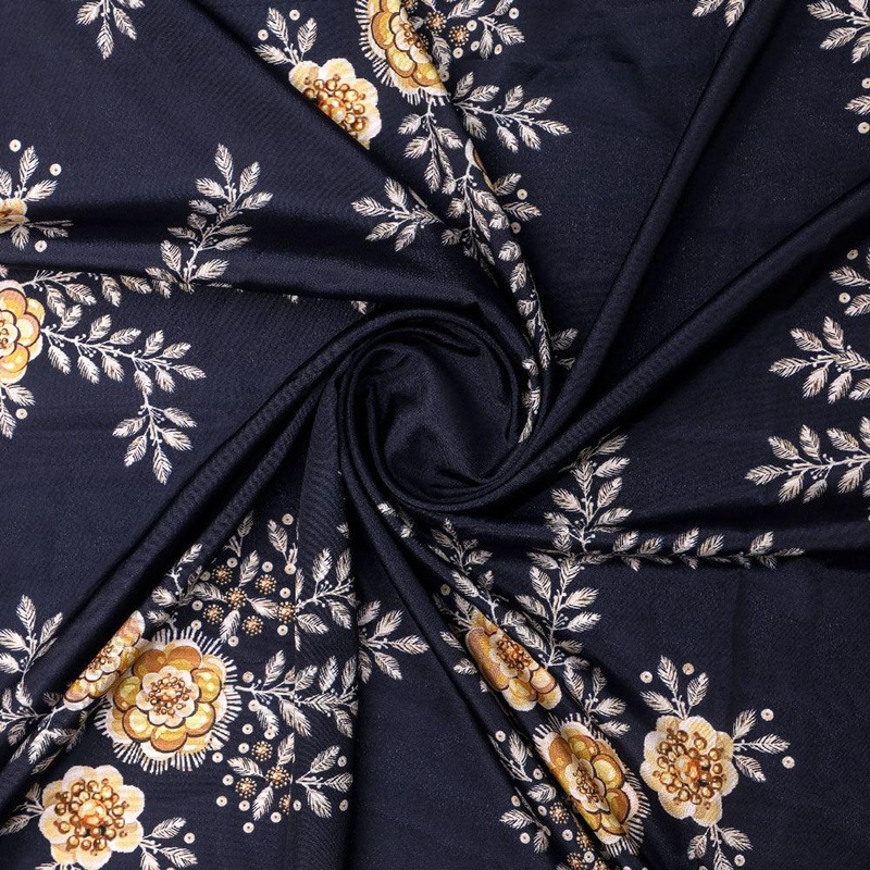 Embroidery Flower And Buds Digital Printed Fabric - Silk Crepe
