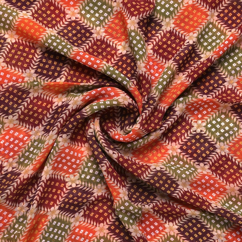 Multicolour With Flower Honeycomb Digital Printed Fabric - Pure Georgette