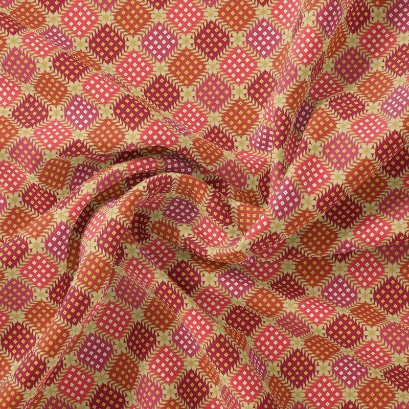 Multicolour With Flower Honeycomb Digital Printed Fabric - Pure Muslin