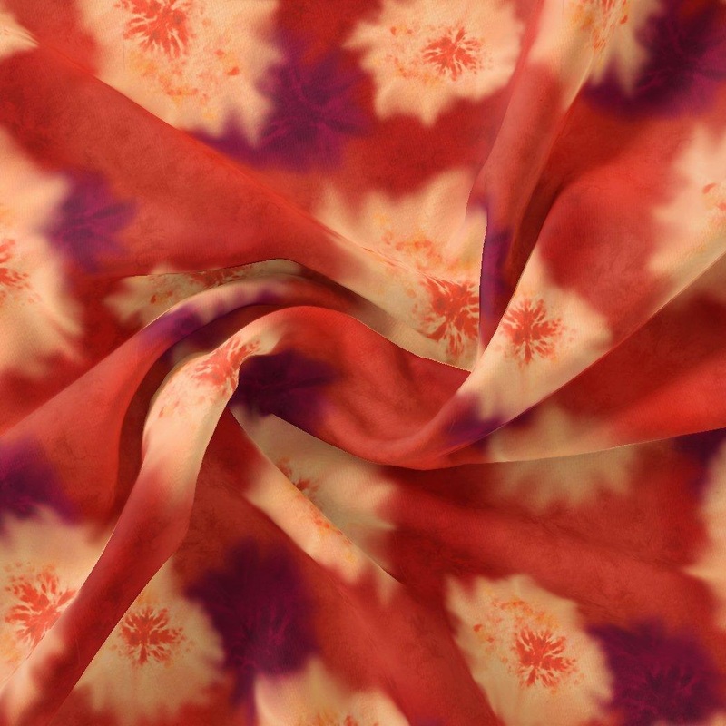 Spotted Orange And Purple Flower Digital Printed Fabric - Pure Chiffon