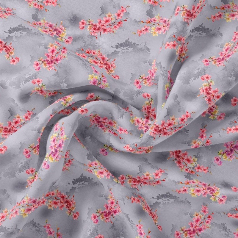 Tiny Pink Violet Floral Flower Digital Printed Fabric - Pure Georgette