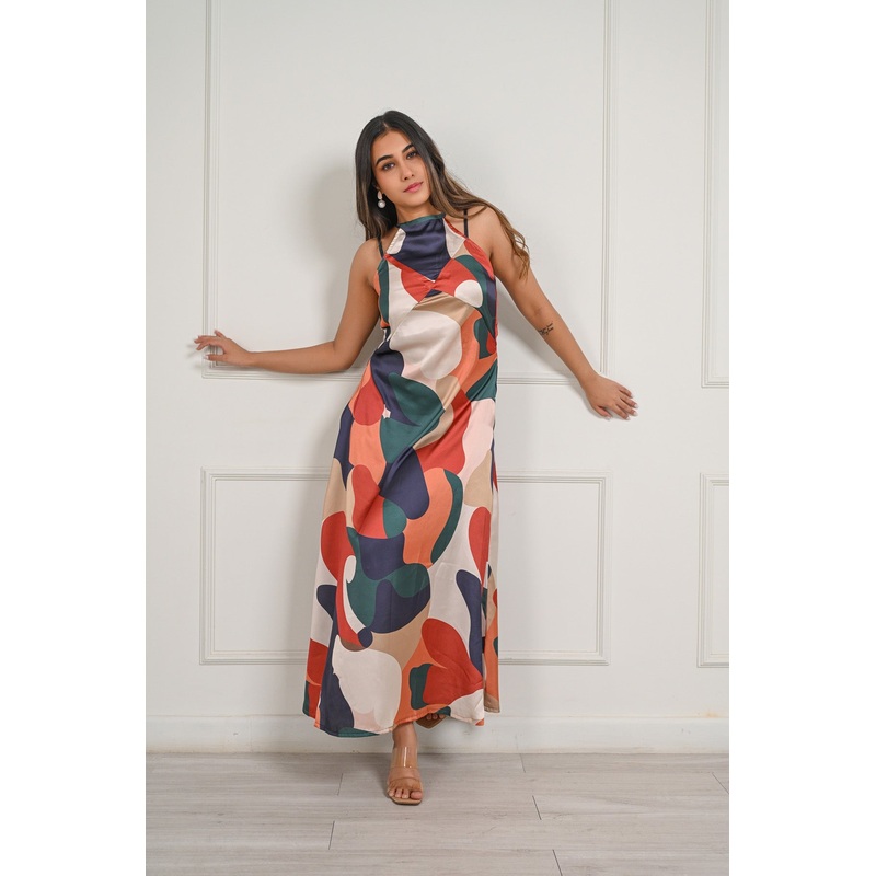 Abstract Print Satin Maxi Dress