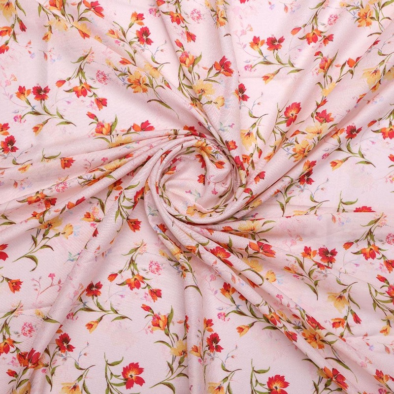 Beautiful Peach Calico Flowed Digital Printed Fabric - Kora Silk