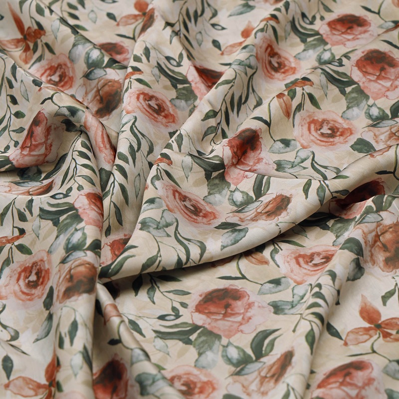 Beige Floral Linen Satin Fabric