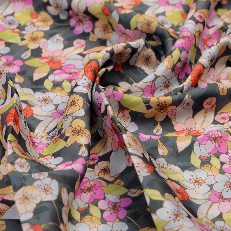 Black Floral Linen Satin Fabric