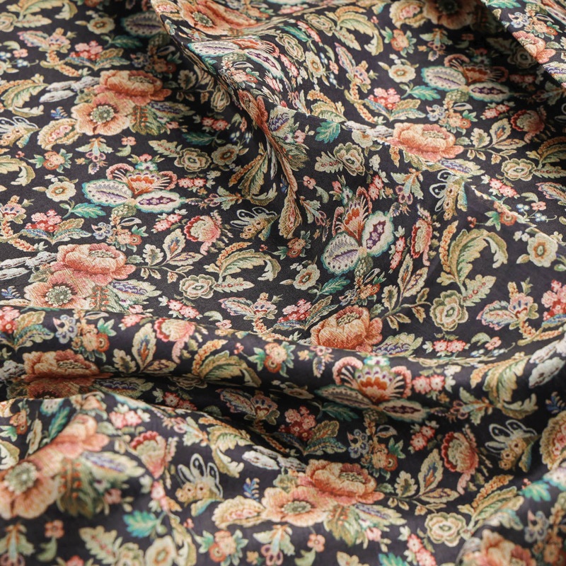 Black Floral Printed Dola Silk Fabric