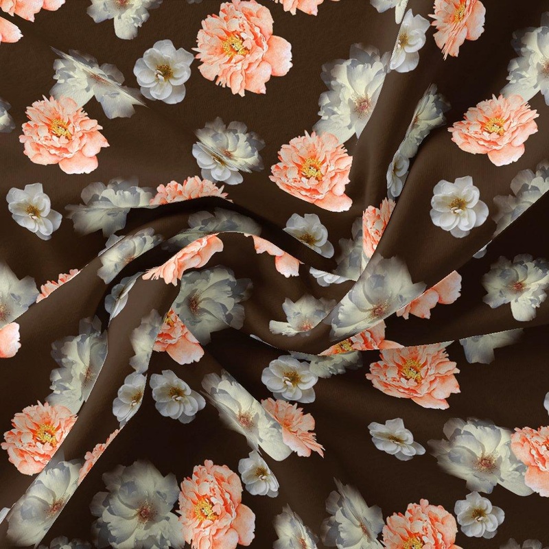 Blooming Orange Roses With Grey Digital Printed Fabric - Poly Muslin