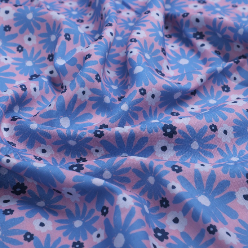 Blue Floral Printed Linen Fabric
