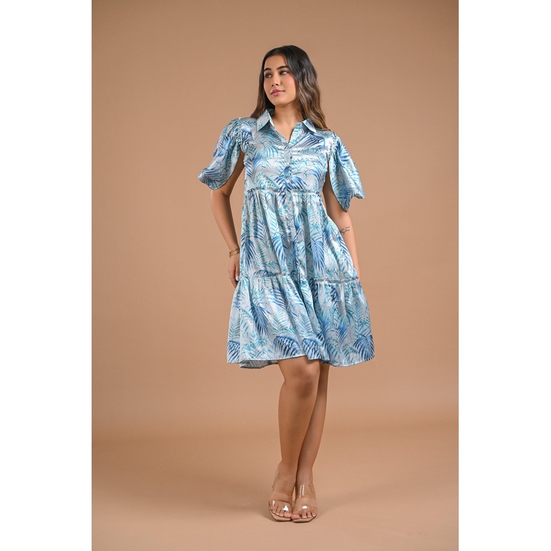 Blue Floral Puff Sleeve Mini Dress