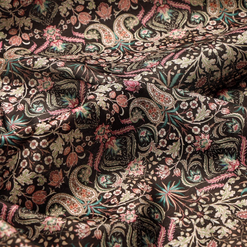 Dola Silk Black Floral Paisley Printed Fabric