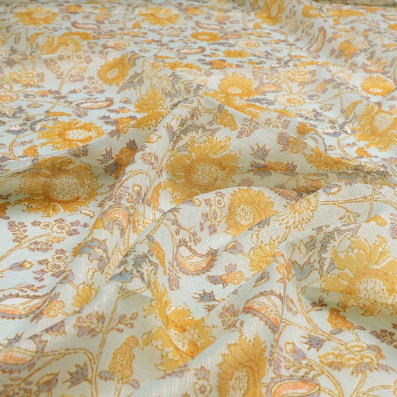 FAB VOGUE Studio Digital Printed Kota Doria Fabric - Yellow Floral Print