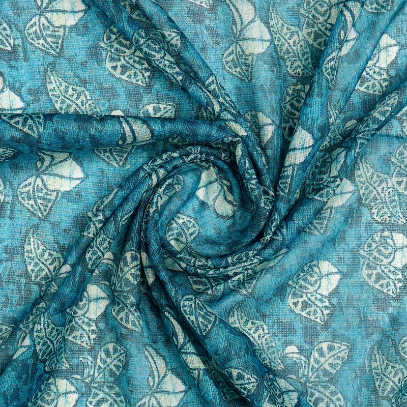 FAB VOGUE Studio Kota Doria Digital Printed Fabric - Teal Floral Design
