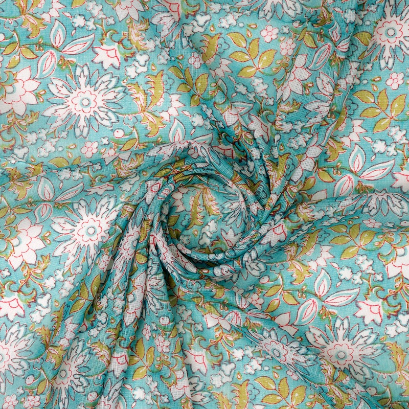FAB VOGUE Studio Kota Doria Digital Printed Fabric - Turquoise Floral