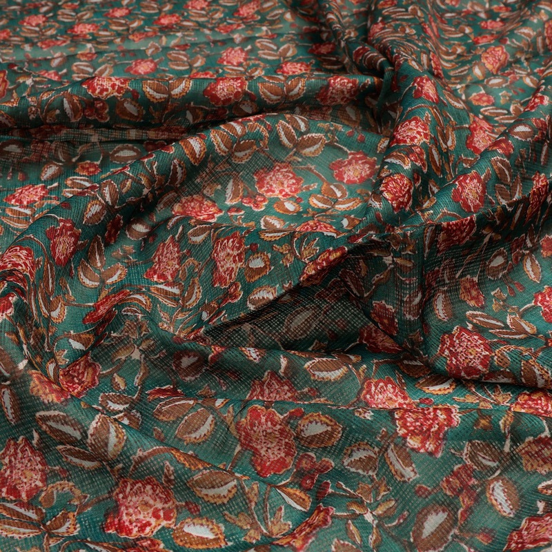 FAB VOGUE Studio Kota Doria Digital Printed Polyester Fabric - Green Floral