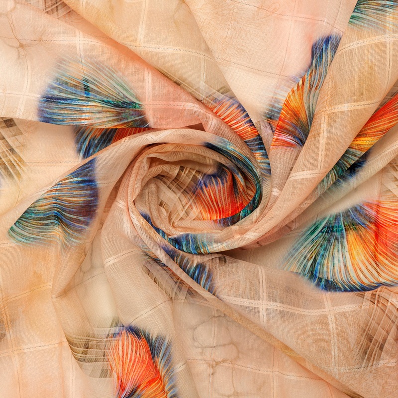 FAB VOGUE Studio Linen Digital Printed Fabric - Peach & Blue Feather