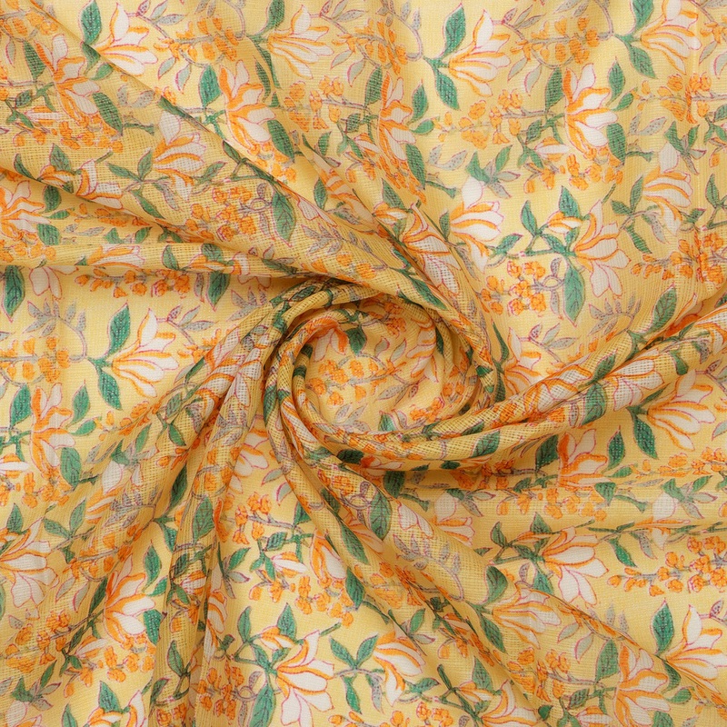 FAB VOGUE Studio Yellow Floral Digital Printed Kota Doria Fabric -  Polyester, 43 Inch