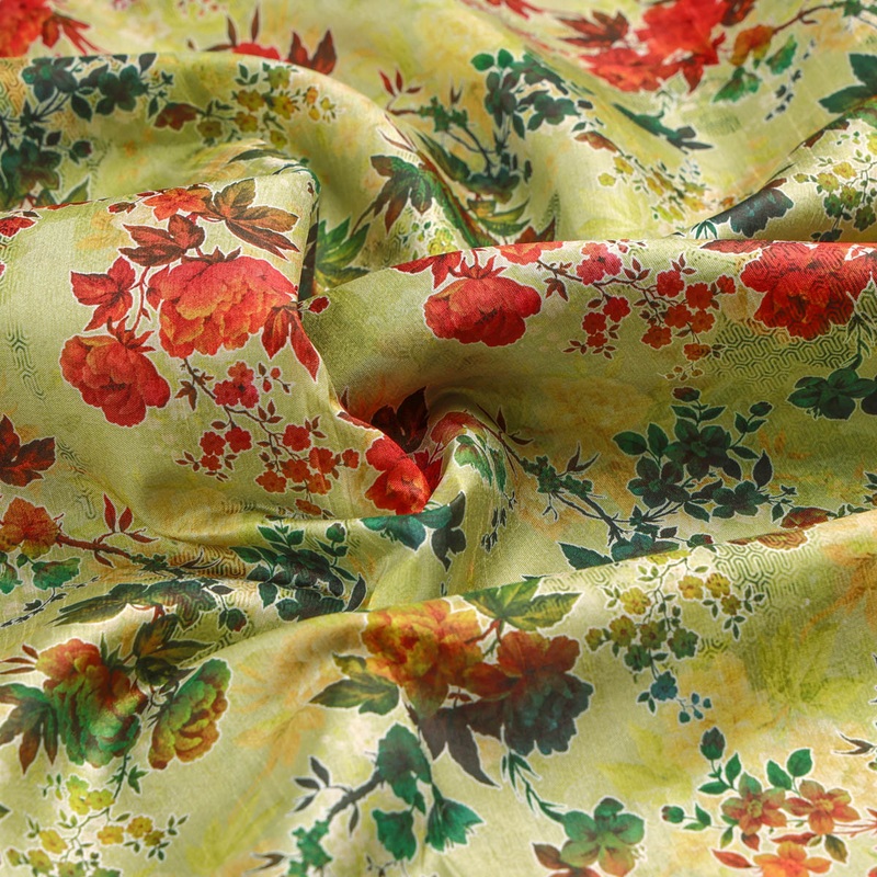 Green Floral Printed Dola Silk Fabric