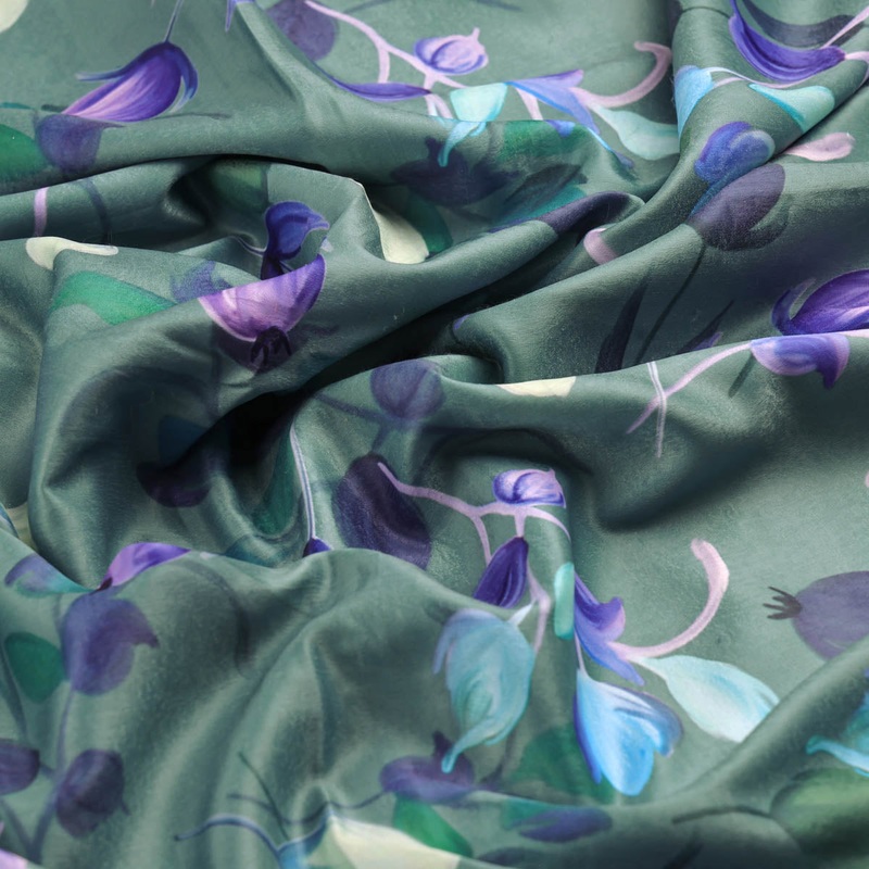 Green Floral Printed Satin Fabric