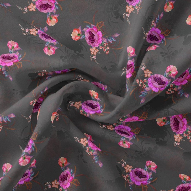 Lovely Peony With Wax Flower Digital Printed Fabric - Poly Muslin