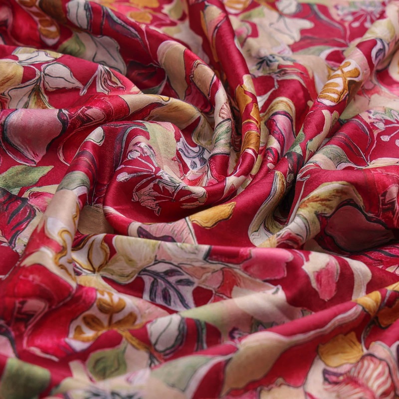 Red Floral Printed Satin Fabric