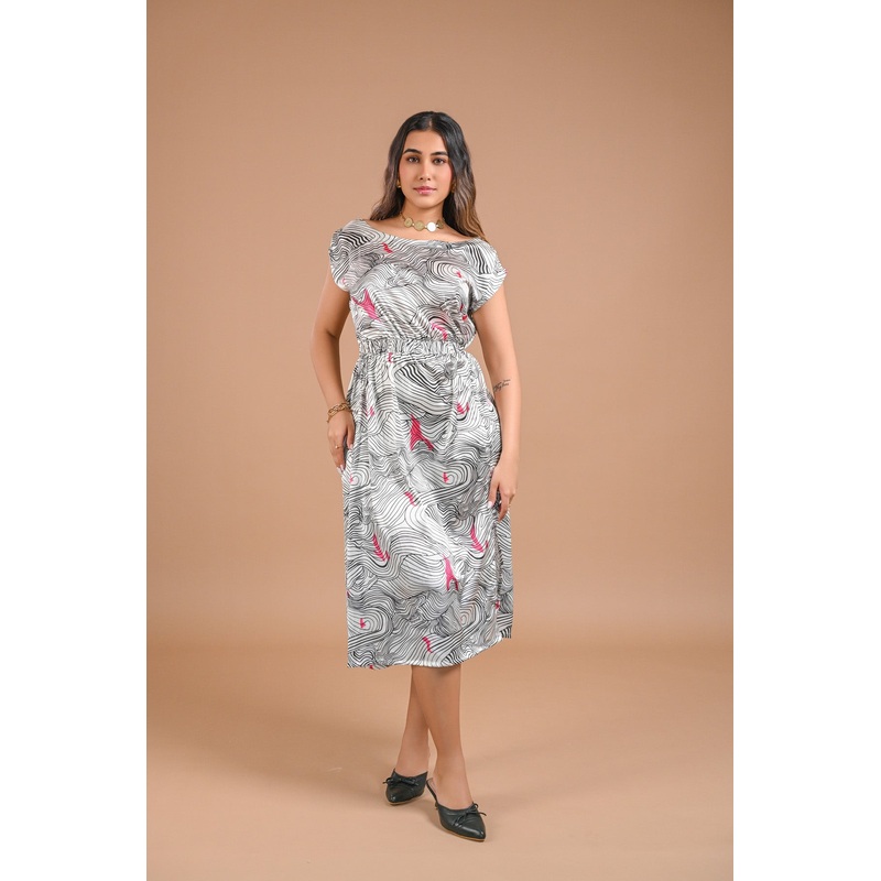 White Abstract Printed Midi Dress